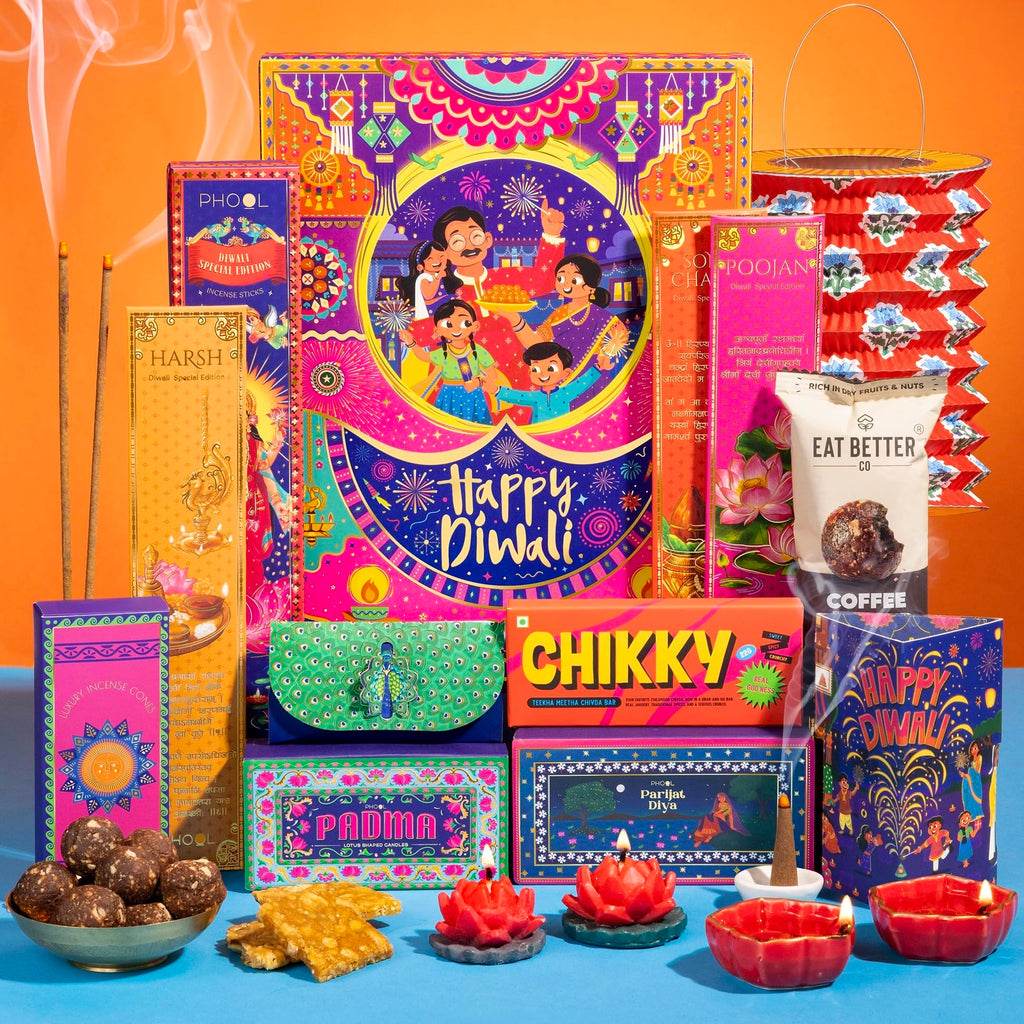Phool 10 item Shubh Diwali Popup with Lantern Giftbox - Diwali gift hamper with dry fruit ladoo, bombay bhel chikki, diya, candles and more. Gift for Family & Corporate Gifting 2026
