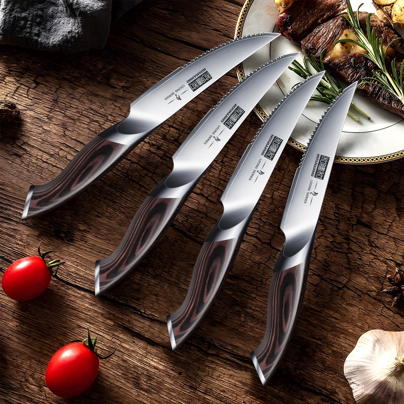 HOSHANHO Juego Cuchillo de Carne 6 Piezas, Ultra Afilados de 11.5 CM, Cuchillos de Mesa Serrados, Cuchillos de Bistec Japoneses de Acero de alto Carbono con Mango Ergonómico