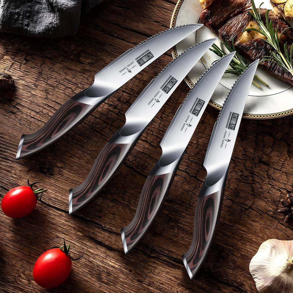 HOSHANHO Juego Cuchillo de Carne 6 Piezas, Ultra Afilados de 11.5 CM, Cuchillos de Mesa Serrados, Cuchillos de Bistec Japoneses de Acero de alto Carbono con Mango Ergonómico