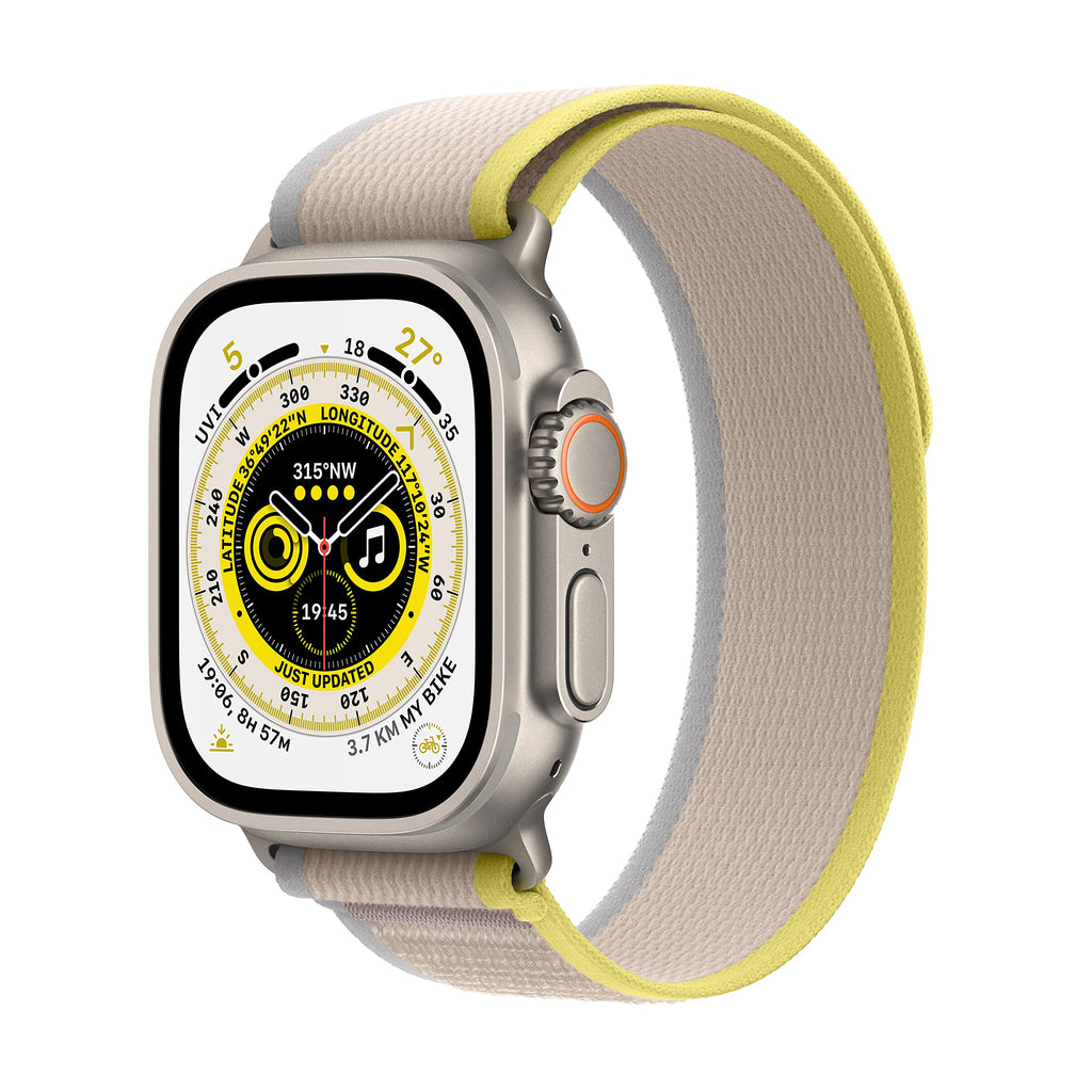 Apple Watch Ultra (GPS + Cellular, Cassa 49mm) Smartwatch con robusta cassa in titanio e Trail Loop giallo/beige - S/M. Fitness tracker, GPS di precisione, tasto Azione, batteria a lunghissima durata