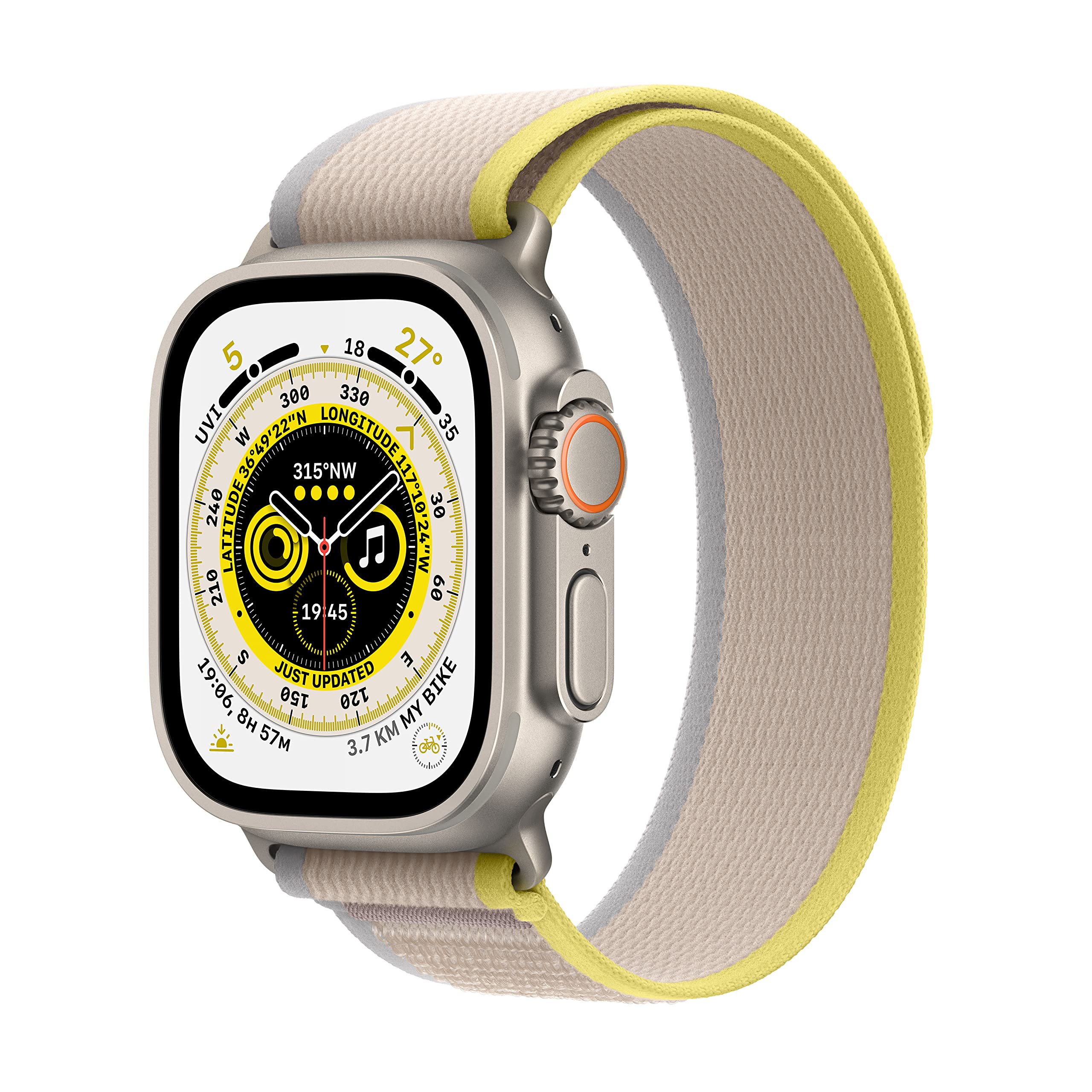 Apple Watch Ultra (GPS + Cellular, Cassa 49mm) Smartwatch con robusta cassa in titanio e Trail Loop giallo/beige - S/M. Fitness tracker, GPS di precisione, tasto Azione, batteria a lunghissima durata