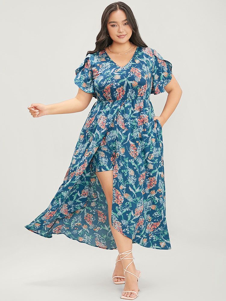 Floral Petal Sleeve Pocket Undershort Ruffle Split Dress                              icon_share@2x
