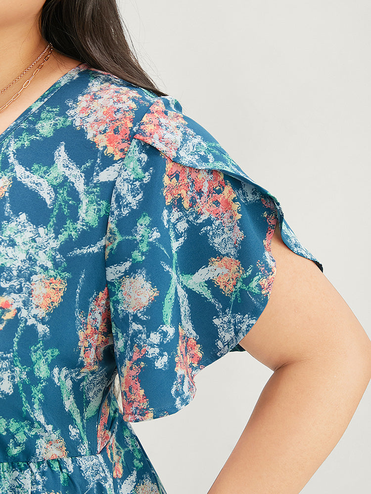 Floral Petal Sleeve Pocket Undershort Ruffle Split Dress                              icon_share@2x