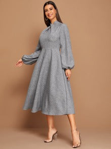 Twist Neck Lantern Sleeve Flare Dress