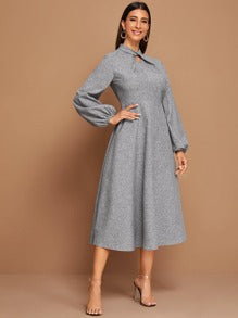 Twist Neck Lantern Sleeve Flare Dress