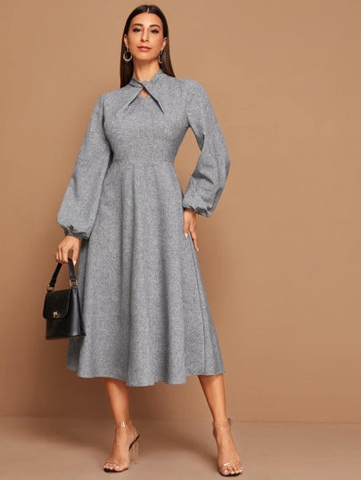 Twist Neck Lantern Sleeve Flare Dress