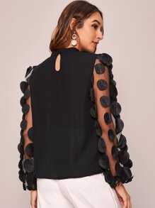 Mock-neck Appliques Mesh Lantern Sleeve Top