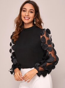 Mock-neck Appliques Mesh Lantern Sleeve Top