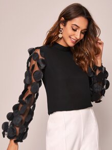 Mock-neck Appliques Mesh Lantern Sleeve Top