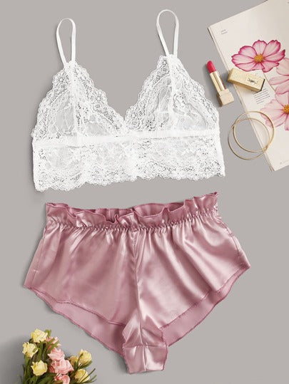 Contrast Lace Satin Lingerie Set