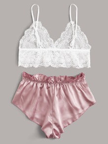 Contrast Lace Satin Lingerie Set