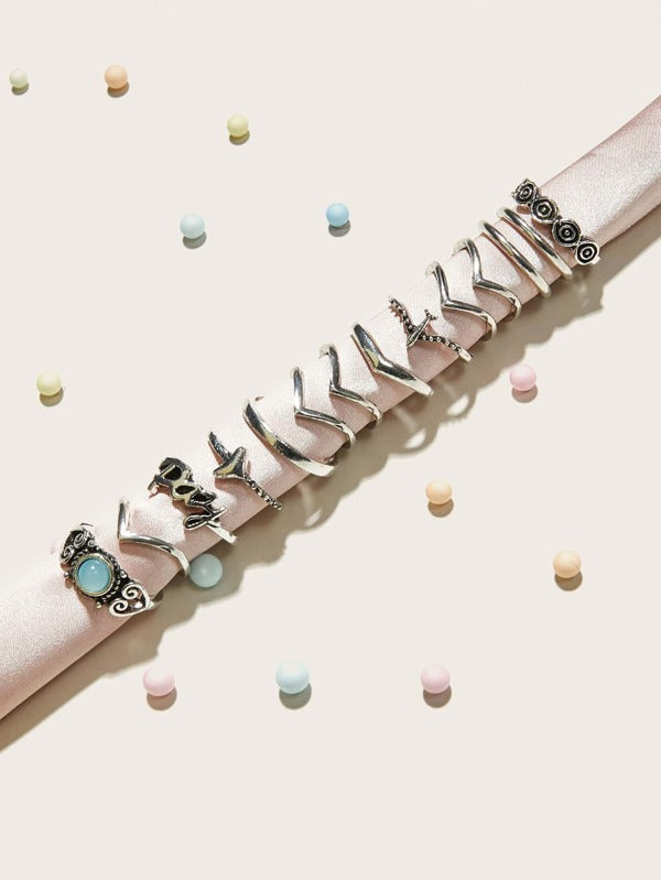 14pcs Gemstone & Heart Decor Ring