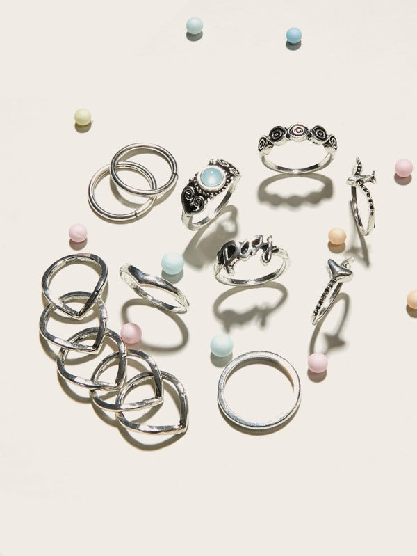 14pcs Gemstone & Heart Decor Ring