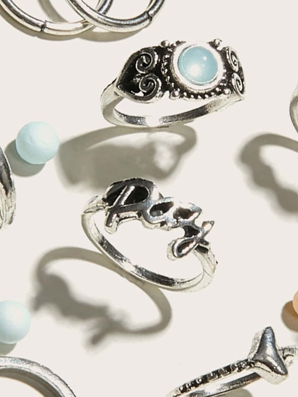 14pcs Gemstone & Heart Decor Ring