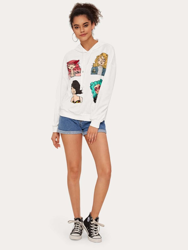 Drawstring Detail Figure Graphic Hoodie