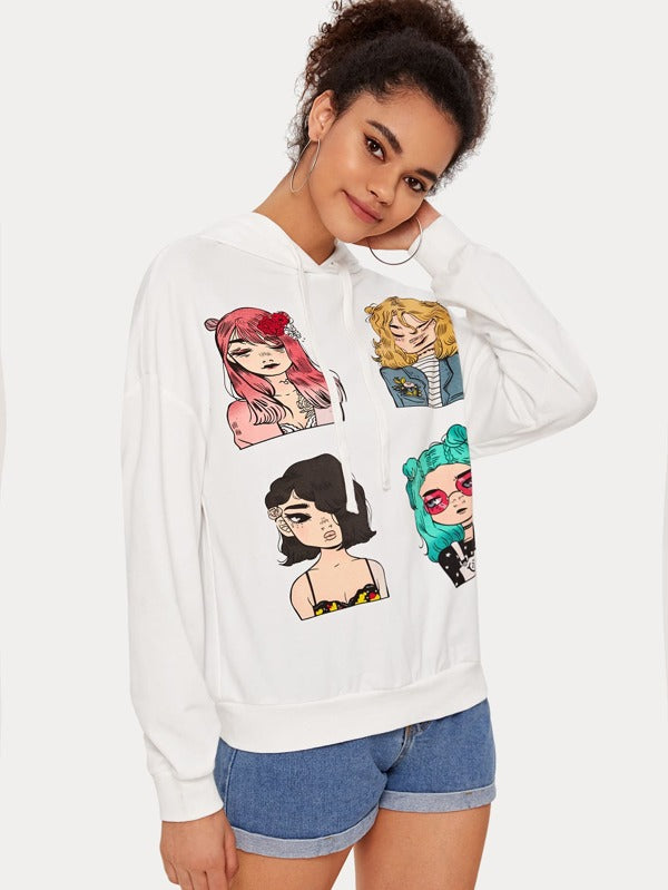 Drawstring Detail Figure Graphic Hoodie