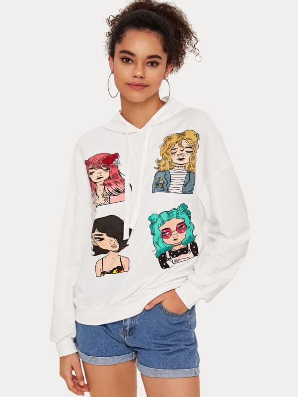 Drawstring Detail Figure Graphic Hoodie
