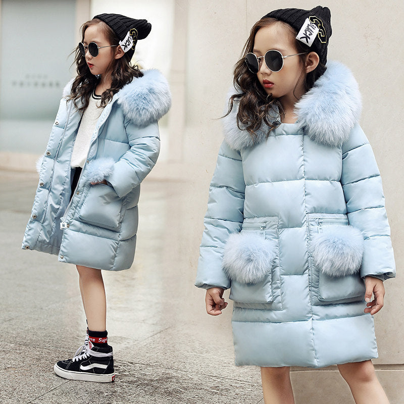 2019 New Fashion Winter Jacket Winter Children Girl Thick Warm Kids Hooded Fur Collar Hooded Long Down Teenage Jackets 4Y-14Y