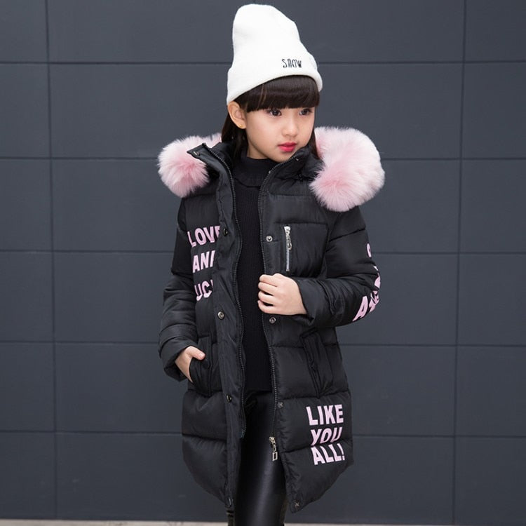 2019 New Fashion Winter Jacket Winter Children Girl Thick Warm Kids Hooded Fur Collar Hooded Long Down Teenage Jackets 4Y-14Y