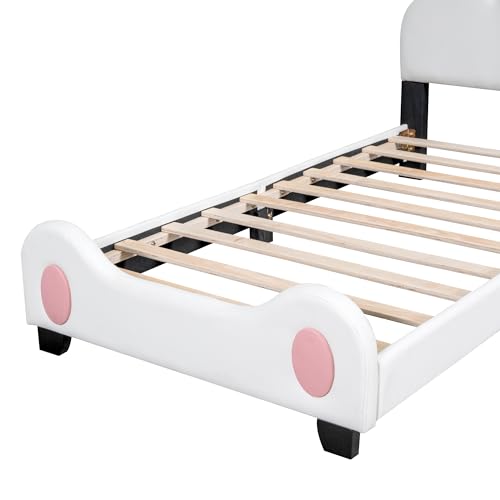 Lostcat Twin Size Princess Bed with Cartoon Headboard and Footboard,Toddler Upholstered Platform Bed with Slatted Bed Base, PU Leather Upholstered Platform Bed Frame, No Box Spring Needed, White+Pink