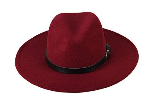 Dantiya Women'/s Wide Brim Wool Fedora Panama Hat with Belt Wine Red, One Size