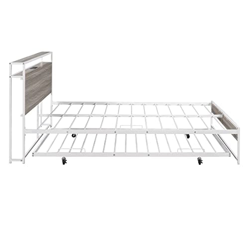 Lostcat Queen Size Metal Platform Bed Frame with Twin Size Trundle, Metal Queen Size Bed Frame with Storage Headboard for Bedroom,USB Ports and Steel Slat Support, No Box Spring Needed,White