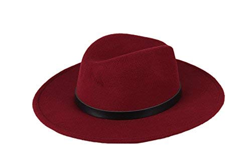 Dantiya Women'/s Wide Brim Wool Fedora Panama Hat with Belt Wine Red, One Size