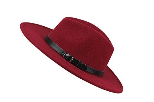 Dantiya Women'/s Wide Brim Wool Fedora Panama Hat with Belt Wine Red, One Size