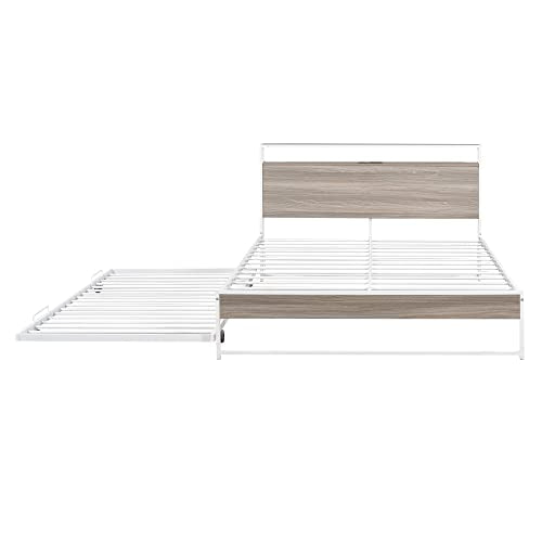 Lostcat Queen Size Metal Platform Bed Frame with Twin Size Trundle, Metal Queen Size Bed Frame with Storage Headboard for Bedroom,USB Ports and Steel Slat Support, No Box Spring Needed,White