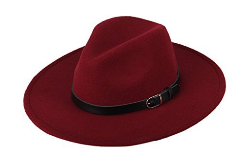 Dantiya Women'/s Wide Brim Wool Fedora Panama Hat with Belt Wine Red, One Size