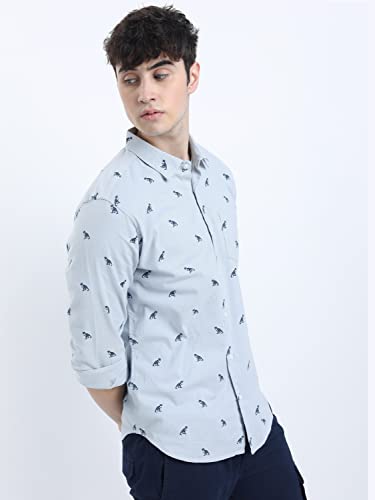 KETCH Men's Letter Print Straight Fit Shirt (KHSH000439_LT Blue L)