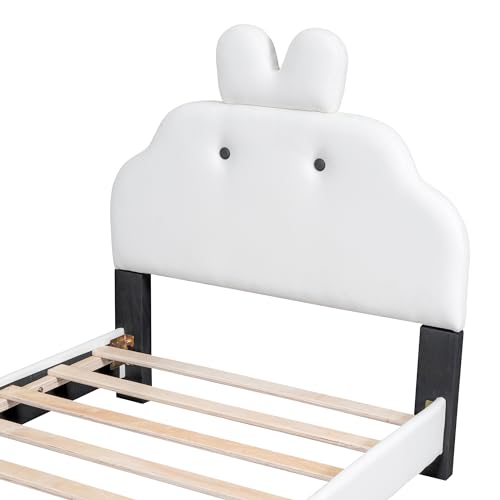 Lostcat Twin Size Princess Bed with Cartoon Headboard and Footboard,Toddler Upholstered Platform Bed with Slatted Bed Base, PU Leather Upholstered Platform Bed Frame, No Box Spring Needed, White+Pink
