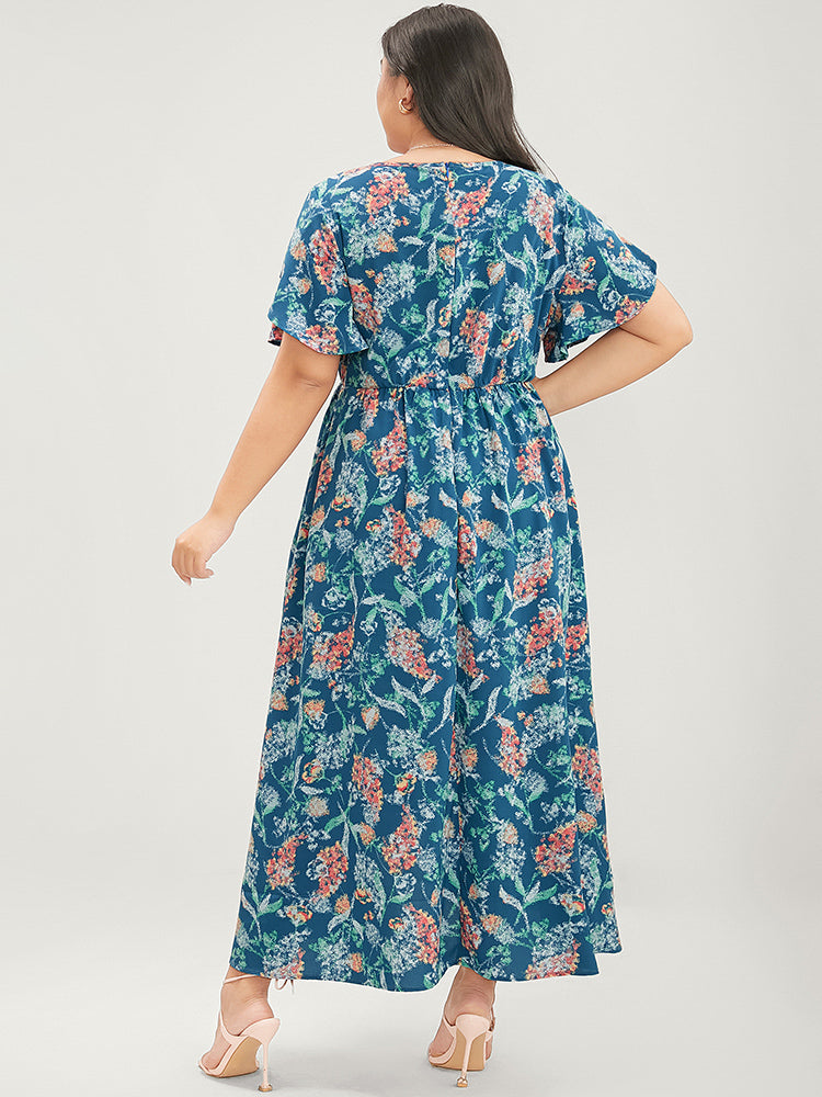 Floral Petal Sleeve Pocket Undershort Ruffle Split Dress                              icon_share@2x
