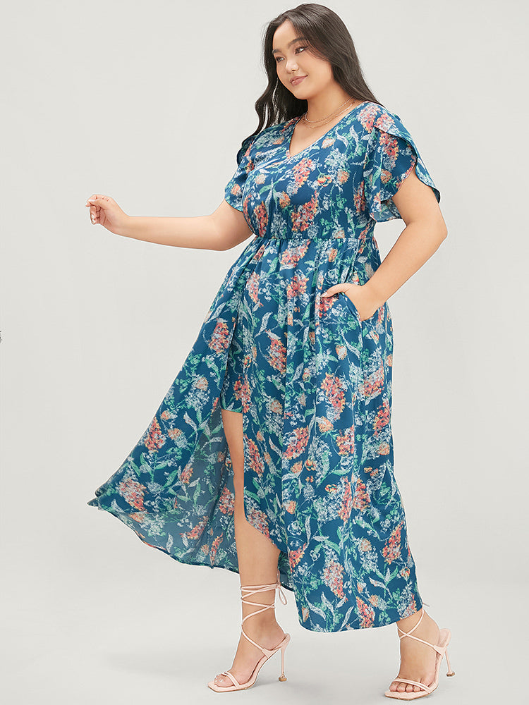 Floral Petal Sleeve Pocket Undershort Ruffle Split Dress                              icon_share@2x