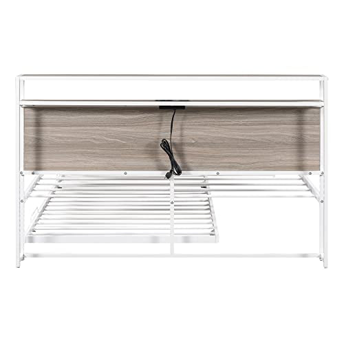 Lostcat Queen Size Metal Platform Bed Frame with Twin Size Trundle, Metal Queen Size Bed Frame with Storage Headboard for Bedroom,USB Ports and Steel Slat Support, No Box Spring Needed,White
