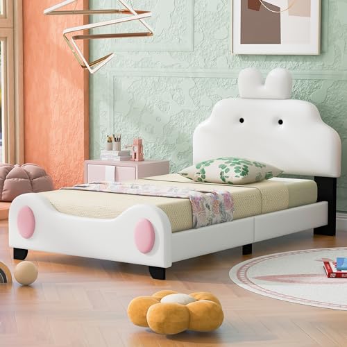 Lostcat Twin Size Princess Bed with Cartoon Headboard and Footboard,Toddler Upholstered Platform Bed with Slatted Bed Base, PU Leather Upholstered Platform Bed Frame, No Box Spring Needed, White+Pink