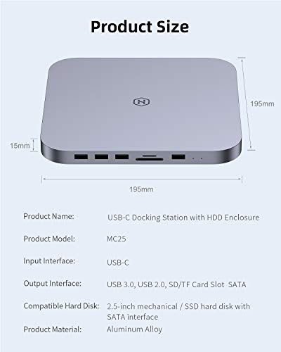 USB-C Hub with Hard Drive Enclosure, Hagibis Type-C Docking Station & Stand for Mac Mini M1 with SATA, USB 3.0, SD/TF Card Reader and USB 2.0 Ports for New MM M1 Laptop (Gray)