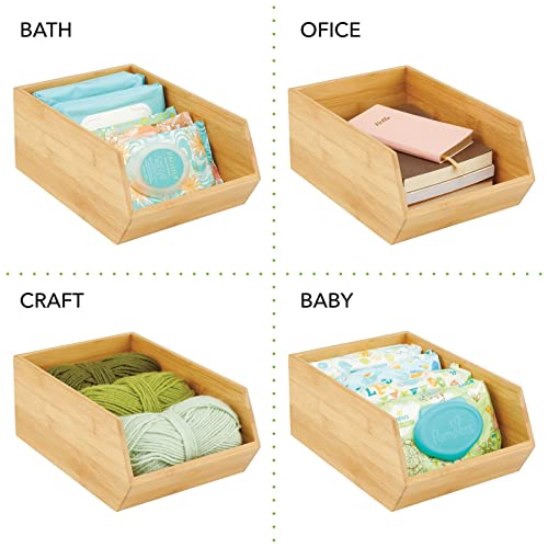 mDesign Bamboo Stackable Food Storage Organization Bin Basket - Wide Open Front for Kitchen Cabinets, Pantry, Offices, Closets, Holds Snacks, Dry Goods, Packets, Spices, Teas - 2 Pack - Natural Wood