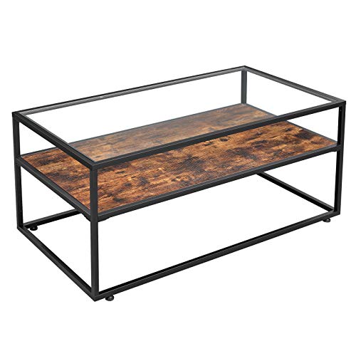 VASAGLE GLATAL Glass Coffee Table with Storage, Cocktail Table with Tempered Glass Top, Steel Frame, for Living Room, Rustic Brown and Black ULCT30BX