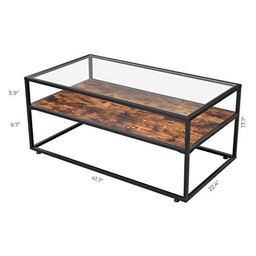 VASAGLE GLATAL Glass Coffee Table with Storage, Cocktail Table with Tempered Glass Top, Steel Frame, for Living Room, Rustic Brown and Black ULCT30BX