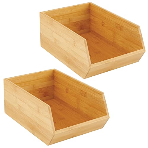 mDesign Bamboo Stackable Food Storage Organization Bin Basket - Wide Open Front for Kitchen Cabinets, Pantry, Offices, Closets, Holds Snacks, Dry Goods, Packets, Spices, Teas - 2 Pack - Natural Wood