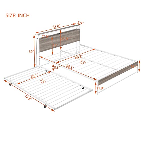Lostcat Queen Size Metal Platform Bed Frame with Twin Size Trundle, Metal Queen Size Bed Frame with Storage Headboard for Bedroom,USB Ports and Steel Slat Support, No Box Spring Needed,White