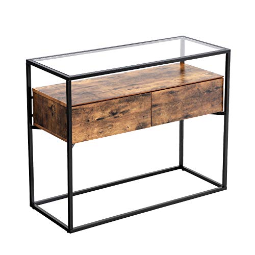 VASAGLE Industrial Console Table, Tempered Glass Table with 2 Drawers and Rustic Shelf, Decoration Sideboard, in Hallway Lounge or Foyer, Stable Iron Frame ULNT11BX