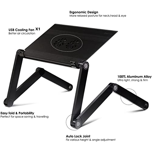 TriLine Adjustable Aluminium Laptop Stand, Laptop Tray for Sofa Bed Couch, Portable Lap Desk Foldable Table Workstation Notebook Riser with Mouse Pad,Ergonomic Laptop Stand with CPU Cooling Fans-Black