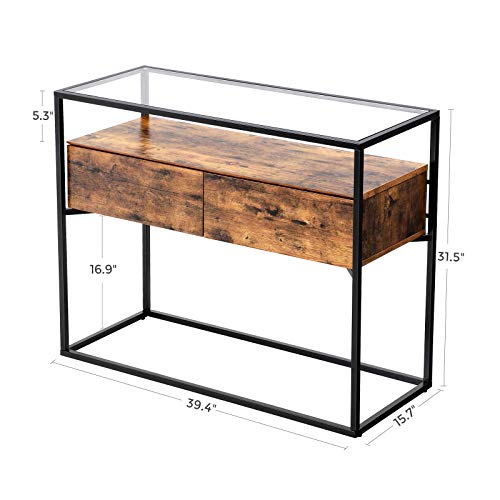 VASAGLE Industrial Console Table, Tempered Glass Table with 2 Drawers and Rustic Shelf, Decoration Sideboard, in Hallway Lounge or Foyer, Stable Iron Frame ULNT11BX