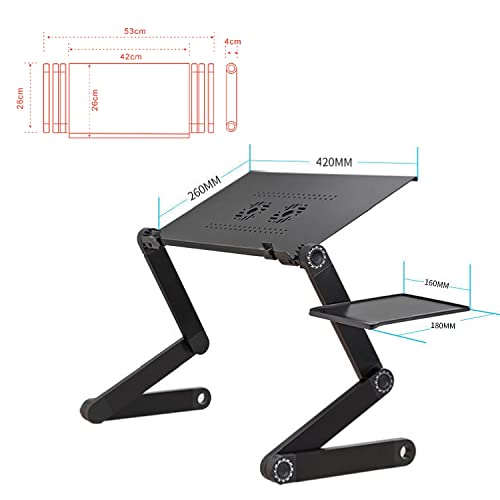 TriLine Adjustable Aluminium Laptop Stand, Laptop Tray for Sofa Bed Couch, Portable Lap Desk Foldable Table Workstation Notebook Riser with Mouse Pad,Ergonomic Laptop Stand with CPU Cooling Fans-Black