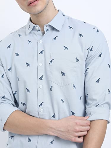KETCH Men's Letter Print Straight Fit Shirt (KHSH000439_LT Blue L)