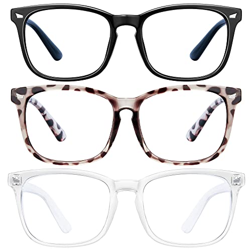 hunsquer Blue Light Blocking Glasses - Women/Men 3Pack Computer Reading Gaming Anti Eyestrain Blue Light Glasses Non Prescription (8068 3pack black+douhua+toumin)