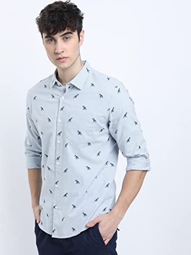 KETCH Men's Letter Print Straight Fit Shirt (KHSH000439_LT Blue L)
