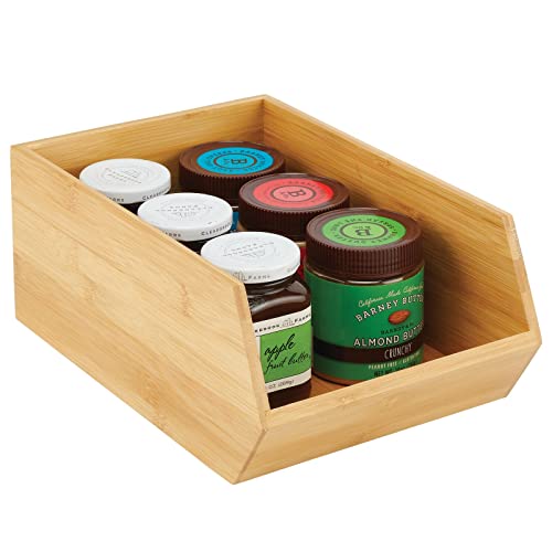 mDesign Bamboo Stackable Food Storage Organization Bin Basket - Wide Open Front for Kitchen Cabinets, Pantry, Offices, Closets, Holds Snacks, Dry Goods, Packets, Spices, Teas - 2 Pack - Natural Wood